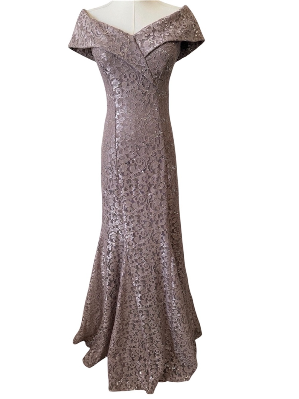 Camille La Vie Champagne Taupe Lace and sequin Off-Shoulder Mermaid Gown Size 2